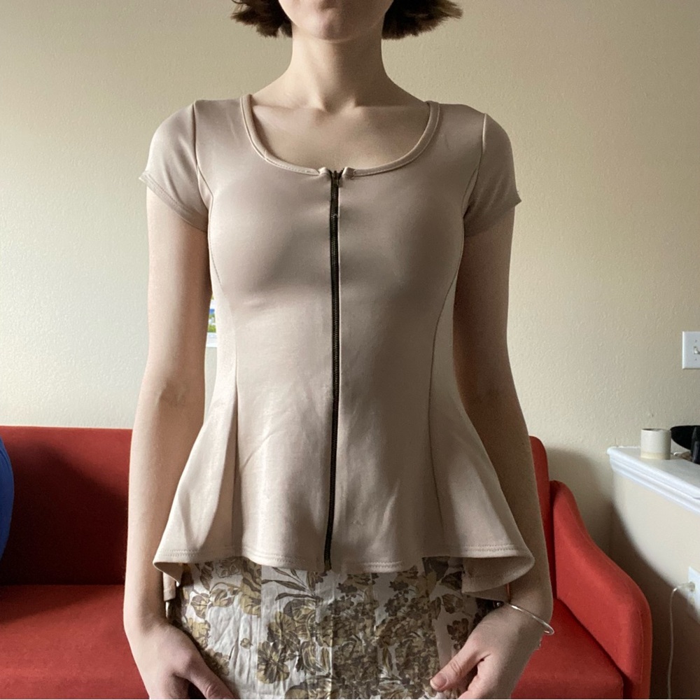 Y2K Peplum with zipper front. Nude beige color. Scuba material. Romantic.